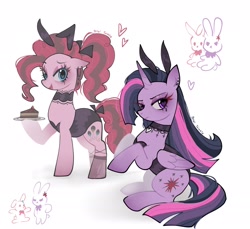 Size: 2048x1877 | Tagged: safe, artist:petaltwinkle, derpibooru import, pinkie pie, twilight sparkle, twilight sparkle (alicorn), alicorn, earth pony, pony, g4, alternate cutie mark, alternate hairstyle, blue eyes, bow, bunny ears, bunny girl, bunny suit, cake, cake slice, choker, clothes, colored wings, cross earring, curly hair, curly mane, curly tail, duo, duo female, dyed mane, dyed tail, ear piercing, earring, eyelashes, eyeshadow, female, floating heart, folded wings, food, frown, gradient ears, gradient horn, gradient legs, gradient wings, heart, heart choker, heart eyes, hoof hold, horn, jewelry, lidded eyes, makeup, mare, multicolored mane, multicolored tail, narrowed eyes, open mouth, open smile, piercing, pink coat, plate, ponytail, purple coat, purple eyes, raised hoof, raised hooves, raised leg, running makeup, shiny eyes, signature, simple background, sitting, smiling, standing, stockings, straight mane, straight tail, tail, tail bow, thigh highs, tied mane, tied tail, two toned mane, two toned tail, unicorn horn, wall of tags, white background, wingding eyes, wings