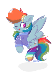 Size: 565x754 | Tagged: safe, artist:skylinepony_, derpibooru import, rainbow dash, pegasus, pony, g4, clothes, cute, female, flying, hoodie, hoof hold, mare, one eye closed, open mouth, rainbow socks, simple background, smiling, socks, solo, spread wings, striped socks, white background, wings