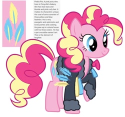 Size: 640x600 | Tagged: safe, artist:fizzled_kitty, derpibooru import, edit, pinkie pie, earth pony, pony, g4, alternate cutie mark, alternate hair color, blonde, blonde hair, coat of arms, cutie mark, feather, female, google translate, implied gummy, implied limestone pie, implied marble pie, implied maud pie, recolor, simple background, solo, white background
