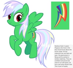 Size: 640x600 | Tagged: safe, artist:fizzled_kitty, derpibooru import, edit, rainbow dash, pegasus, pony, g4, alternate color palette, alternate cutie mark, cutie mark, female, google translate, green fur, implied tank, recolor, red eyes, simple background, solo, white background