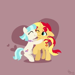 Size: 2000x2000 | Tagged: safe, artist:brella, derpibooru import, coco pommel, sunset shimmer, earth pony, pony, unicorn, g4, cocobetes, cute, duo, duo female, eyes closed, female, heart, horn, hug, mare, one eye closed, shimmerbetes, simple background, smiling
