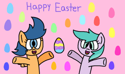 Size: 1284x760 | Tagged: source needed, safe, artist:gillianthecreator36, derpibooru import, first base, earth pony, pegasus, pony, g4, adorabase, arms in the air, aura (g4), aurabetes, best friends, cheerful, cute, duo, easter, easter egg, egg, excited, female, filly, foal, hands in the air, happy, happy easter, holiday, open mouth, open smile, pegasus first base, pink background, race swap, simple background, smiling, wind, windswept hair, windswept mane
