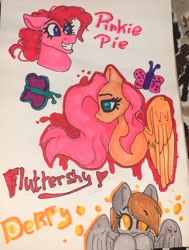 Size: 1977x2613 | Tagged: safe, artist:deadsmoke, derpibooru import, derpy hooves, fluttershy, pinkie pie, butterfly, earth pony, pegasus, g4, bubble, bust, curly hair, curly mane, cute, irl, looking at you, marker drawing, photo, portrait, smiling, teeth, traditional art