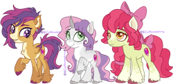 Size: 3900x1887 | Tagged: safe, artist:caffeinatedcarny, derpibooru import, apple bloom, scootaloo, sweetie belle, earth pony, pegasus, pony, unicorn, g4, apple bloom's bow, applebetes, bow, chest fluff, cloven hooves, coat markings, colored hooves, colored wings, countershading, curved horn, cute, cutie mark crusaders, ear piercing, eyebrow slit, eyebrows, feathered fetlocks, freckles, hair bow, horn, horn runes, older, piercing, redesign, simple background, socks (coat marking), tail, tail bow, teenager, transparent background, trio, undercut, unshorn fetlocks, wings