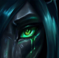 Size: 2258x2207 | Tagged: safe, artist:polnocnykot, derpibooru import, queen chrysalis, changeling, changeling queen, g4, angry, bust, changeling slime, close-up, crying, dark, digital art, evil, eyebrows, eyelashes, eyeshadow, female, female focus, glowing, glowing eyes, green eyes, looking at you, makeup, mare, night, portrait, solo, solo focus, tears of anger, teary eyes