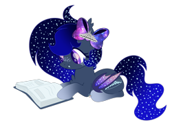Size: 2296x1702 | Tagged: safe, artist:pure-blue-heart, derpibooru import, oc, oc only, oc:space mountain, bat pony, base used, bat pony oc, book, bow, chest fluff, disney, disneyland, ethereal mane, fangs, female, freckles, gradient hooves, hair bow, lying down, mare, open book, reading, simple background, solo, starry mane, transparent background
