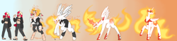 Size: 4356x1007 | Tagged: safe, artist:st0ne-drag0n, derpibooru import, daybreaker, alicorn, human, pony, g4, clothes, concave belly, fan, female, fire, fire breath, gradient background, hand fan, high res, human to pony, magic, magic aura, mane of fire, mare, ripping clothes, species swap, sweat, tail, tail of fire, tall, transformation, transformation sequence