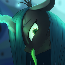 Size: 625x625 | Tagged: editor needed, safe, artist:shydale edits, derpibooru import, edit, queen chrysalis, changeling, changeling queen, g4, anonymous editor, cropped, cropped porn, glowing, glowing horn, green eyes, horn, sfw edit, slit eyes, solo, tongue, tongue out