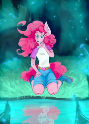 Size: 1394x1949 | Tagged: safe, artist:destiny_manticor, derpibooru import, pinkie pie, human, equestria girls, g4, too many pinkie pies, boots, cave, clothes, female, glowing mushroom, humanized, looking at self, mirror pool, mushroom, open mouth, pony ears, reflection, scene interpretation, shirt, shoes, shorts, solo, t-shirt, tail, tailed humanization