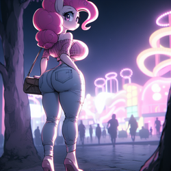 Size: 1024x1024 | Tagged: safe, ai content, derpibooru import, machine learning generated, pinkie pie, anthro, earth pony, g4, adorasexy, bag, balloonbutt, bare shoulders, big breasts, breasts, butt, carnival, clothes, curvy, cute, denim, female, forest, hand in pocket, handbag, high heels, hourglass figure, huge breasts, impossibly thin waist, jeans, large butt, looking back, mysterious, nature, neon, night, no tail, pants, pink eyes, pinkie pies, prompter:horselover fat, purse, rear view, sexy, shoes, shoulderless, solo, stupid sexy pinkie, surreal, tree, wasp waist, wide hips, wrong eye color