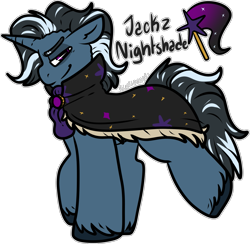 Size: 1561x1521 | Tagged: safe, artist:sexygoatgod, derpibooru import, oc, oc only, oc:jackz nightshade, pony, unicorn, adoptable, cape, clothes, horn, male, offspring, parent:king sombra, parent:trixie, parents:trixbra, simple background, solo, transparent background