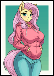 Size: 1240x1754 | Tagged: safe, artist:rekheadz, derpibooru import, fluttershy, anthro, pegasus, g4, big breasts, blushing, border, breasts, clothes, denim, female, gradient background, hand in pocket, hoodie, hootershy, jeans, lidded eyes, mare, pants, passepartout, smiling, solo