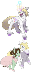 Size: 1000x2280 | Tagged: safe, artist:squeezymouse, derpibooru exclusive, derpibooru import, oc, oc only, oc:good graces, oc:tri color, earth pony, unicorn, blonde, blonde mane, bowtie, brown mane, clothes, colored hooves, colored horn, description is relevant, dress, duo, duo male and female, earth pony oc, eyeshadow, female, glasses, horn, magic, magic aura, makeup, male, mental breakdown, no pants, no shading, rainbow horn, rainbow magic aura, shiny hooves, shoes, simple background, simple shading, suit, sweater, tail, transparent background, two toned tail, unicorn oc, unshorn fetlocks, unusually shaped magic aura