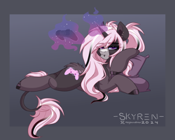 Size: 2500x2000 | Tagged: safe, artist:skyboundsiren, derpibooru import, oc, oc:digit morose, unicorn, controller, cutie mark, female, goth, horn, looking at you, lying down, magic, piercing, pigtails, pillow, unamused