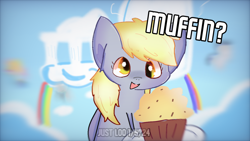 Size: 1280x720 | Tagged: safe, derpibooru import, derpy hooves, pegasus, pony, g4, background pony, cloudsdale, cute, food, muffin, solo focus