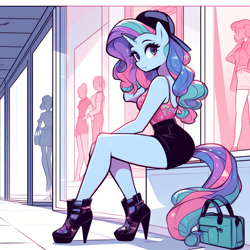 Size: 1024x1024 | Tagged: safe, ai content, derpibooru import, machine learning generated, oc, oc only, anthro, unicorn, adorasexy, backwards ballcap, bag, baseball cap, cap, clothes, cute, female, handbag, hat, high heels, horn, implied tail hole, looking back, mall, not rarity, prompter:horselover fat, purse, sexy, shoes, shorts, side view, sitting, solo, tail, tanktop, tiled floor, unicorn oc