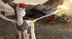Size: 1980x1080 | Tagged: safe, artist:chevapchichi_, derpibooru import, pegasus, fallout equestria, blood, body armor, bush, complex background, devastation, enclave, frown, grass, grass field, green eyes, male, red mane, ruins, solo, solo male, spread wings, technology, transportation, vertibuck, wasteland, wings