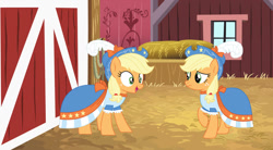 Size: 1280x707 | Tagged: safe, artist:brightstar40k, derpibooru import, applejack, changeling, earth pony, pony, g4, barn, base used, clothes, coronation dress, disguise, disguised changeling, double, dress, duo, female, freckles, hat, impostor, mare, oh my, oh no, uh oh, worried