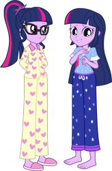 Size: 3140x4800 | Tagged: safe, artist:octosquish7260, derpibooru import, sci-twi, twilight sparkle, human, equestria girls, g4, barefoot, clothes, feet, female, glasses, looking at each other, looking at someone, pajamas, pants, self paradox, shirt, simple background, slippers, teenager, teeth, transparent background, twolight