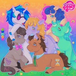 Size: 1440x1440 | Tagged: safe, artist:ariariari.png, derpibooru import, bon bon, derpy hooves, dj pon-3, doctor whooves, lyra heartstrings, octavia melody, sweetie drops, vinyl scratch, earth pony, pegasus, pony, unicorn, g4, abstract background, background six, bowtie, gradient background, group, horn, lying down, my little pony logo, necktie, prone, sitting, smiling, sunglasses, tongue, tongue out