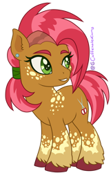 Size: 1429x2223 | Tagged: safe, artist:caffeinatedcarny, derpibooru import, babs seed, earth pony, pony, g4, chubby, coat markings, colored hooves, ear piercing, freckles, hair tie, older, piercing, ponytail, redesign, simple background, solo, speckled, splotches, teenager, transparent background, undercut, unshorn fetlocks