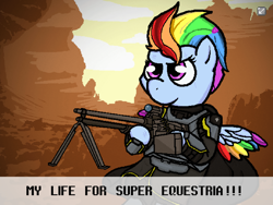 Size: 1440x1080 | Tagged: safe, artist:sluttershy, derpibooru import, editor:arkon sell, rainbow dash, pegasus, pony, g4, armor, banned from equestria daily, female, for managed democracy, gun, helldivers, helldivers 2, machine gun, mare, solo, text, video game crossover, weapon