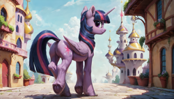 Size: 3840x2176 | Tagged: safe, ai content, derpibooru import, edit, generator:pony diffusion v6 xl, generator:stable diffusion, machine learning assisted, machine learning generated, twilight sparkle, twilight sparkle (alicorn), alicorn, pony, g4, butt, canterlot, dock, female, folded wings, frog (hoof), high res, hooves, horn, looking at you, looking back, mare, outdoors, plot, prompter:truekry, sky, solo, tail, underhoof, wallpaper, wings