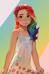 Size: 683x1024 | Tagged: safe, ai content, machine learning generated, rainbow dash, human, abstract background, blushing, child, clothes, cute, dashabetes, dress, female, flower, flower in hair, freckles, girl, human female, humanized, looking at you, prompter needed, shoulder freckles, skirt, solo, sundress, younger