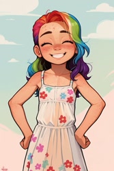 Size: 683x1024 | Tagged: safe, ai content, machine learning generated, rainbow dash, human, blushing, child, clothes, cloud, cute, dashabetes, dress, eyes closed, female, freckles, grin, hand on hip, humanized, prompter needed, sky, smiling, solo, sundress, teeth, younger