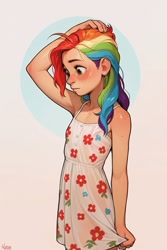 Size: 683x1024 | Tagged: safe, ai content, machine learning generated, rainbow dash, human, abstract background, blushing, child, clothes, dress, female, freckles, girl, grabbing, hand on head, human female, humanized, prompter needed, shoulder freckles, skirt, solo, sundress, younger