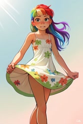 Size: 683x1024 | Tagged: safe, ai content, derpibooru import, machine learning generated, twibooru import, rainbow dash, human, blushing, child, clothes, dress, female, freckles, girl, grabbing, grin, human female, humanized, looking at you, prompter needed, pulling, rainbow dash always dresses in style, shoulder freckles, skirt, skirt lift, sky, smiling, solo, sundress, sunlight, younger