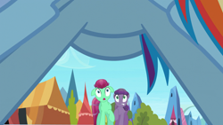 Size: 1920x1080 | Tagged: safe, derpibooru import, screencap, rainbow dash, crystal pony, pegasus, pony, g4, the crystal empire, background pony, crystal empire, female, framed by legs, grape gem, jade pot, male, mare, open mouth, out of context, outdoors, raised hoof, raised leg, shocked, shocked expression, stallion, surprised, tail