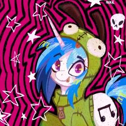 Size: 1280x1280 | Tagged: safe, artist:inzomniak, derpibooru import, dj pon-3, vinyl scratch, pony, unicorn, g4, abstract background, clothes, eyebrows, eyebrows visible through hair, eyelashes, female, hoodie, horn, invader zim, looking at you, mare, missing accessory, outline, raised hoof, raised leg, signature, skull, smiling, smiling at you, solo, stars, tongue, tongue out
