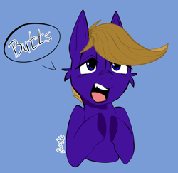 Size: 868x844 | Tagged: safe, artist:cozziesart, derpibooru import, oc, oc only, oc:wing front, pegasus, pony, brown mane, cheek fluff, hoof tapping, male, open mouth, pegasus oc, purple coat, simple background, solo, speech bubble, stallion