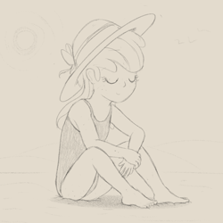 Size: 2000x2000 | Tagged: safe, artist:dtcx97, derpibooru import, apple bloom, human, g4, beach, clothes, eyes closed, freckles, hat, humanized, one-piece swimsuit, sitting, sketch, smiling, solo, straw hat, swimsuit, younger