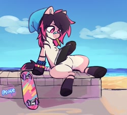 Size: 1500x1350 | Tagged: safe, artist:cuiicie, derpibooru import, oc, oc only, oc:paint splash, zebra, bandaid, bandaid on nose, beanie, drawing, hat, kandi, ocean, pencil, skateboard, water