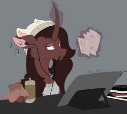 Size: 2586x2336 | Tagged: safe, artist:ollie sketchess, derpibooru import, oleander, oc, pony, unicorn, them's fightin' herds, alcohol, beer, community related, horn, notebook, simple background, solo, tablet