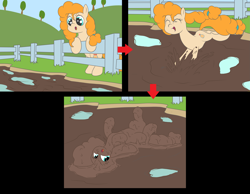 Size: 3279x2543 | Tagged: safe, alternate version, artist:amateur-draw, derpibooru import, pear butter, earth pony, pony, g4, 3 panel comic, comic, covered in mud, female, fence, lying down, mare, mother, mud, mud bath, muddy, on back, pig pen, rolling, simple background, solo, spread legs, spreading, wet and messy