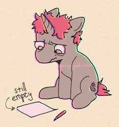 Size: 741x790 | Tagged: safe, artist:emptygoldstudio, derpibooru import, oc, oc only, pony, unicorn, arrow, artist's block, frown, horn, paper, pencil, ponysona, sitting, solo, teary eyes, text, wavy mouth