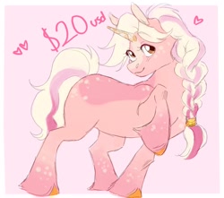 Size: 1700x1500 | Tagged: safe, artist:abbytabbys, derpibooru import, oc, oc only, pony, unicorn, adoptable, ambiguous gender, blaze (coat marking), body freckles, border, braid, braided ponytail, brown eyes, coat markings, colored, colored hooves, colored horn, colored pinnae, crystal horn, doodle, eye clipping through hair, eyebrows, eyebrows visible through hair, eyelashes, facial markings, fetlock tuft, floating heart, for sale, freckles, heart, horn, leg freckles, long mane, long tail, looking up, orange hooves, pink background, pink coat, ponytail, raised hoof, raised leg, simple background, smiling, socks (coat marking), solo, standing, tail, tall ears, text, tied mane, two toned mane, two toned tail, unicorn horn, unicorn oc, unnamed oc, unshorn fetlocks