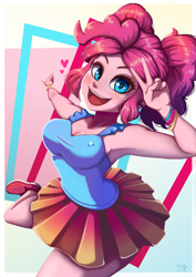 Size: 706x1000 | Tagged: safe, artist:the-park, derpibooru import, pinkie pie, human, equestria girls, g4, abstract background, alternate hairstyle, breasts, cleavage, clothes, female, gradient background, open mouth, open smile, peace sign, pigtails, smiling, solo