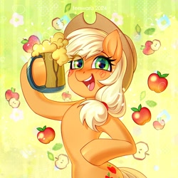 Size: 1850x1850 | Tagged: safe, artist:fenwaru, derpibooru import, applejack, earth pony, pony, g4, apple, apple cider, applejack's hat, bipedal, cider, clothes, cowboy hat, cup, cute, female, flower, food, happy, hat, jackabetes, mare, smiling, solo, standing