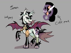 Size: 1508x1133 | Tagged: safe, artist:justvoidsdumbstuff1, derpibooru import, oc, oc only, oc:simon (justvoidsdumbstuff1), alicorn, bat pony, bat pony alicorn, pony, alicorn oc, armor, bat pony alicorn oc, bat pony oc, bat wings, black mane, black sclera, black tail, blood, bloody mouth, cape, clothes, colored, colored wings, curved horn, ear tufts, eye scar, facial scar, fangs, forked tongue, gloves, gray background, hoof gloves, horn, latex, latex gloves, leg armor, long gloves, long tongue, looking back, male, narrowed eyes, open mouth, pauldron, ponysona, raised hoof, raised leg, ruffled collar, scar, shadow, short mane, short tail, simple background, solo, spread wings, stallion, standing, tail, tall ears, tongue, tongue out, two toned mane, white coat, wings