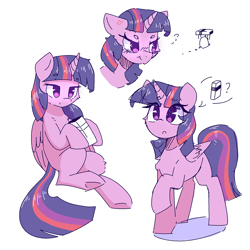 Size: 1500x1500 | Tagged: safe, artist:morningbullet, derpibooru import, twilight sparkle, twilight sparkle (alicorn), alicorn, pony, g4, angry, blushing, book, cross-popping veins, emanata, folded wings, hoof hold, missing cutie mark, question mark, simple background, smiling, solo, white background, wings