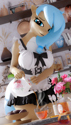 Size: 2160x3840 | Tagged: safe, artist:loveslove, derpibooru import, oc, oc only, anthro, 3d, book, breasts, busty oc, clothes, cup, female, flower, food, high res, looking at you, nail polish, smiling, smiling at you, solo, tea, teacup, teapot