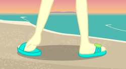 Size: 1280x704 | Tagged: safe, derpibooru import, fluttershy, human, equestria girls, g4, barefoot, beach, feet, female, fetish, foot fetish, heel pop, legs, ocean, pictures of legs, sandals, soles, solo, sunset, water, wave