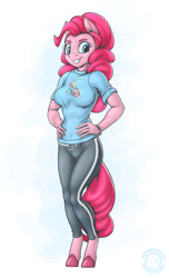 Size: 1864x3070 | Tagged: safe, artist:mysticalpha, derpibooru import, pinkie pie, anthro, earth pony, unguligrade anthro, g4, breasts, female, grin, hand on hip, high res, mare, pinkie pies, simple background, smiling, solo, white background