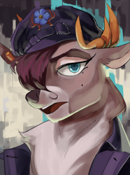 Size: 1560x2100 | Tagged: safe, artist:egil, derpibooru import, oc, oc only, oc:dannya shah, deer, equestria at war mod, bust, cap, clothes, hat, horns, portrait, solo