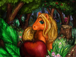 Size: 512x384 | Tagged: safe, artist:terra, derpibooru import, applejack (g1), firefly, spike (g1), dragon, dragonfly, earth pony, insect, pegasus, pony, rabbit, g1, animal, apple, apple tree, forest, nature, tree