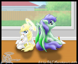 Size: 1214x1000 | Tagged: safe, artist:tarripup, derpibooru import, oc, oc only, oc:dreamstar, alicorn, pegasus, pony, back to back, drawing, duo, fence, grass, halo, hoof hold, house, pencil, sitting, tree, window